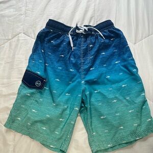 Boy’s Blue and Green Swim Shorts with Shark Pattern, size large 14/16